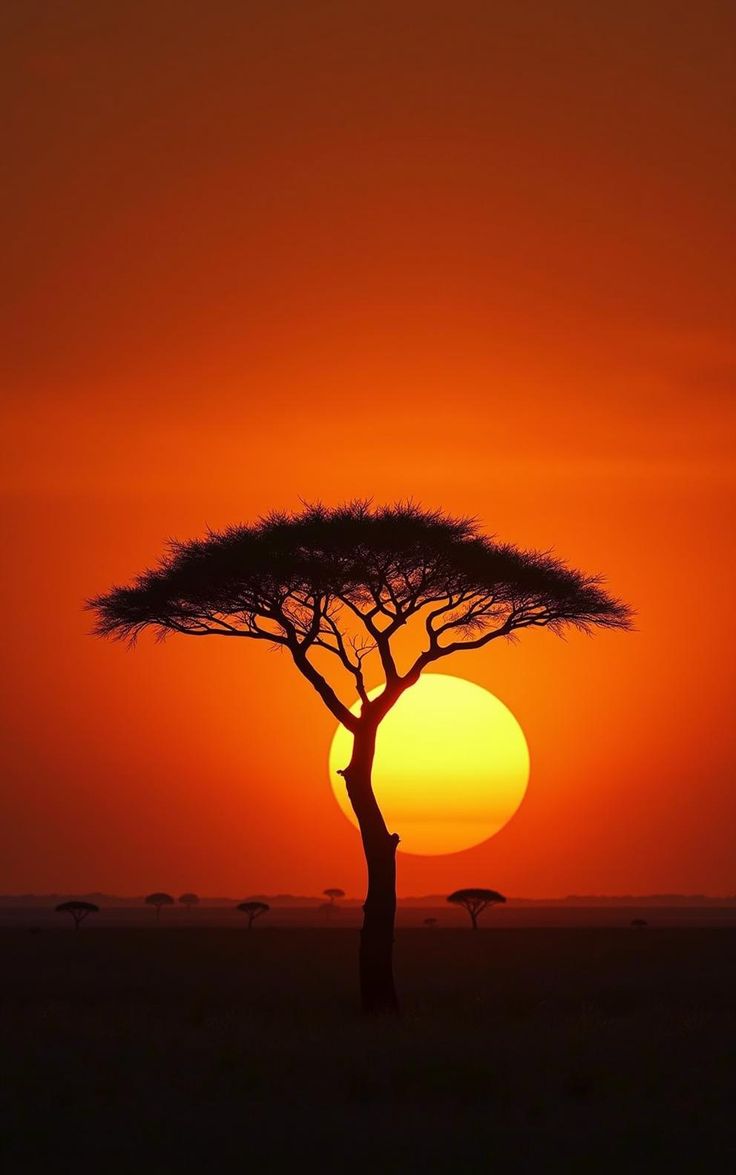 Golden Hour African Acacia Silhouette Breathtaking Savanna Landscape Art